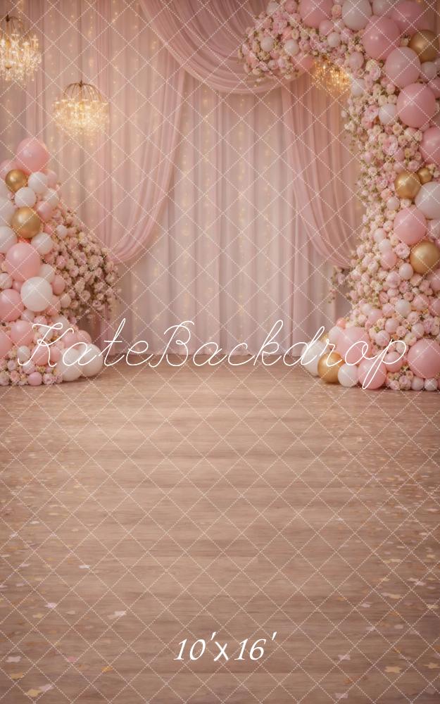 Kate Sweep Pink Flower Arch Balloons Drapes Chandelier Printed Backdrop Designed by Vertigo Productions