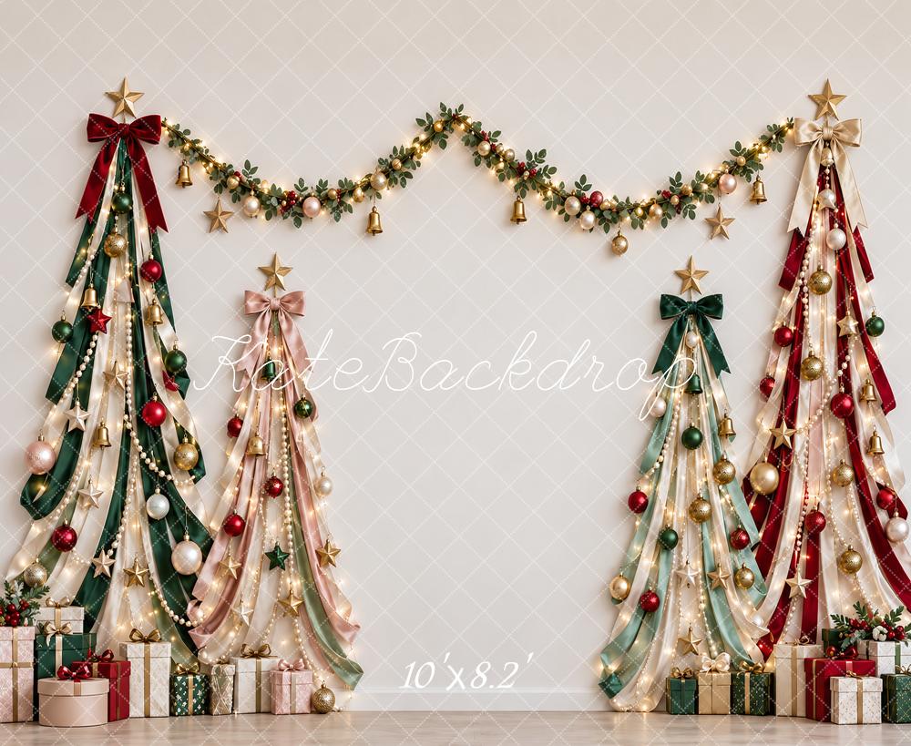 Kate Christmas Ribbon Trees Garland Gifts Lights Printed Backdrop Designed by Vertigo Productions