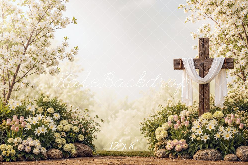 Kate Easter Cross Floral Garden Draped Fabric Printed Backdrop Designed by Shutter Swan Studios