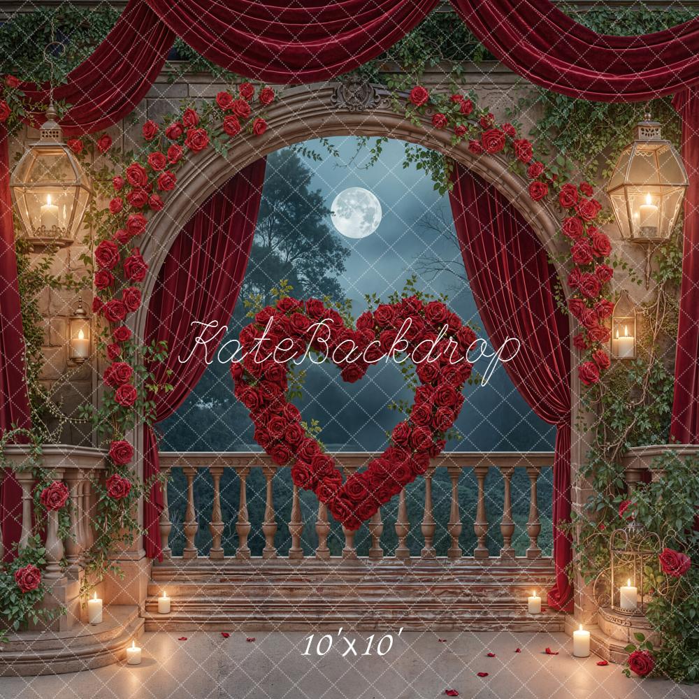 Kate Valentine's Day Red Roses Heart Arch Balcony Moonlight Backdrop Designed by Emetselch