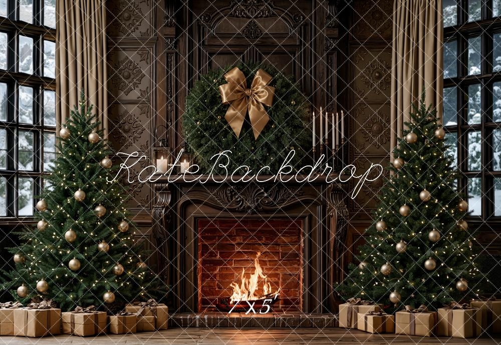 Kate Christmas Retro Brown Fireplace Trees Bow Gifts Printed Backdrop Designed by Emetselch