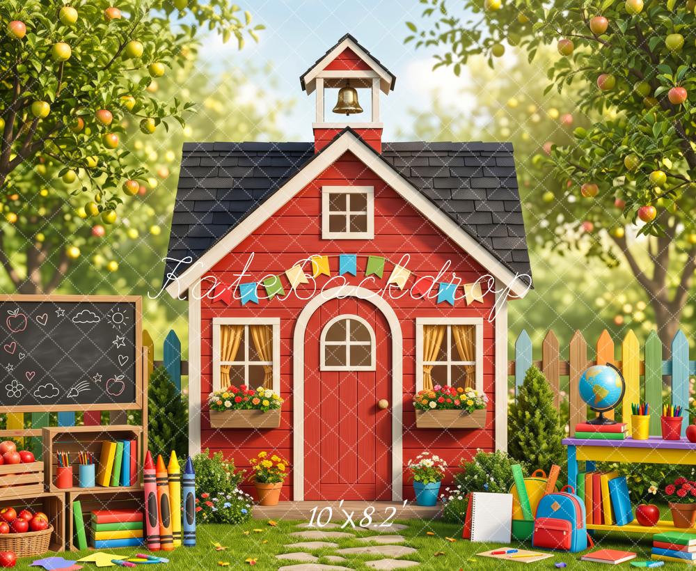 Kate Back To School Red Schoolhouse Apple Orchard Chalkboard Printed Backdrop Designed by Patty Roberts