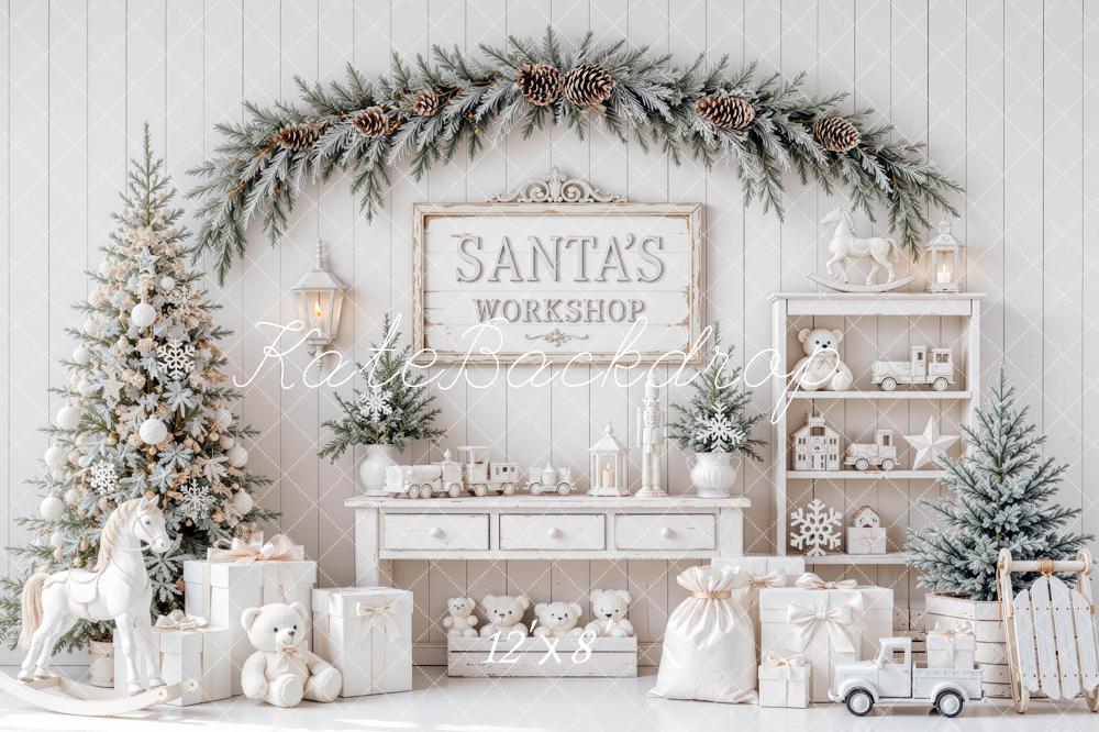 Kate Christmas Santa's Workshop White Pine Tree Toys Gift Boxes Printed Backdrop Designed by Mini MakeBelieve
