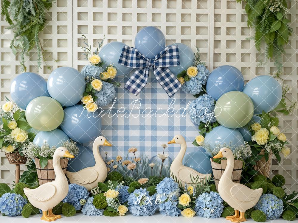 Kate Cake Smash Blue Balloons Silly Goose Florals Gingham Bow Backdrop Designed by Emetselch