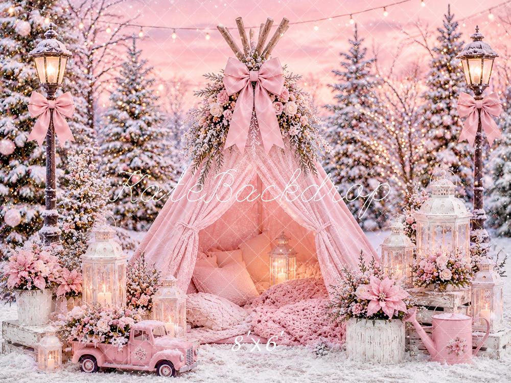 Kate Christmas Pink Floral Winter Teepee Snowy Forest Printed Backdrop Designed by Ashley Paul