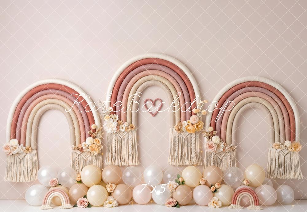 Kate Cake Smash Boho Blush Macrame Rainbow Balloons Printed Backdrop Designed by Patty Roberts
