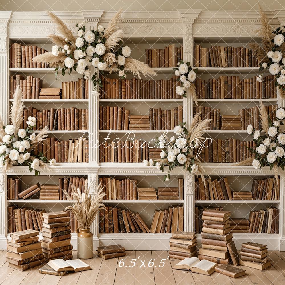 Kate Graduation Bookshelf Brown Books White Flowers Backdrop Designed by Emetselch