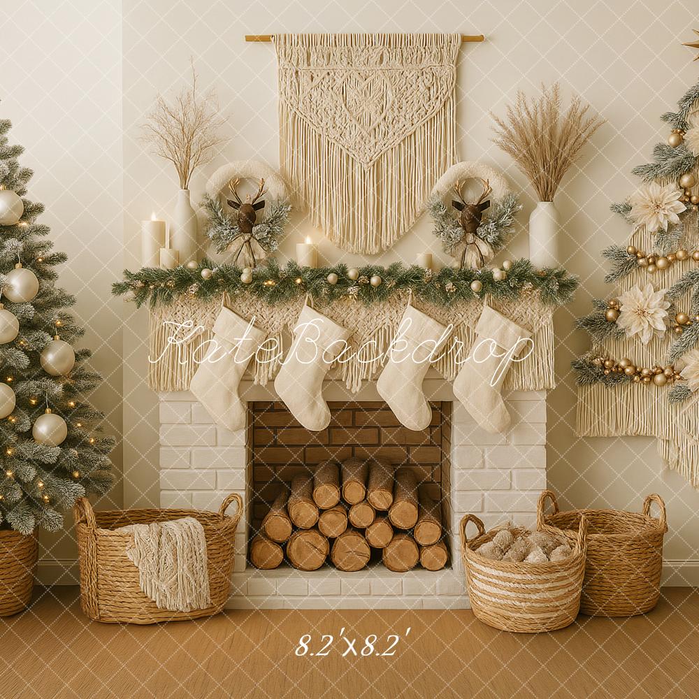 Kate Christmas Boho Neutral Fireplace Macrame Trees Backdrop Designed by Ashley Paul