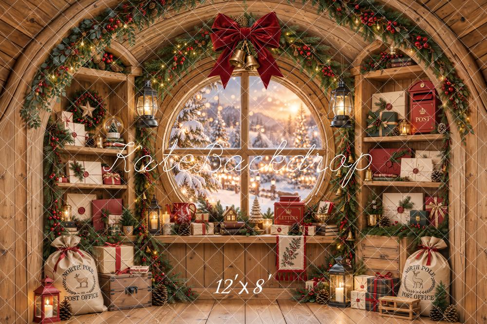 Lightning Deal Kate Christmas Rustic Workshop Gifts Circle Arched Window Bow Printed Backdrop Designed by Emetselch