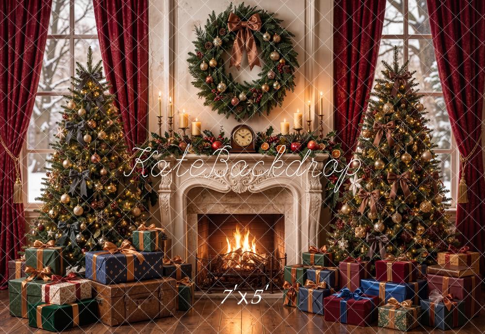 Kate Christmas Trees Fireplace Wreath Gifts Red Curtains Printed Backdrop Designed by Emetselch