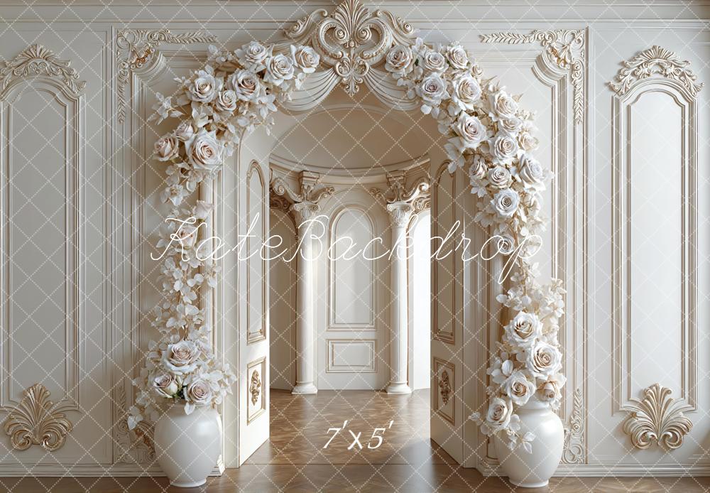 Kate Flower Arch Cream Roses Ornate Wall Printed Backdrop Designed by Mini MakeBelieve