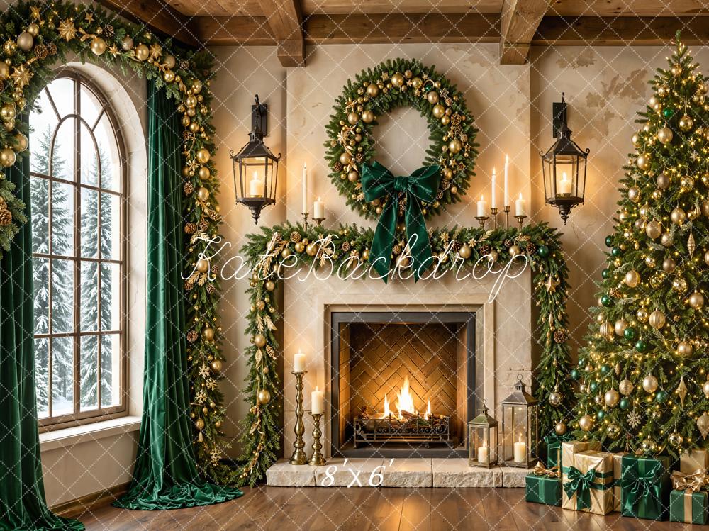Kate Christmas Tree Fireplace Wreath Garland Gifts Green Curtains Printed Backdrop Designed by Emetselch