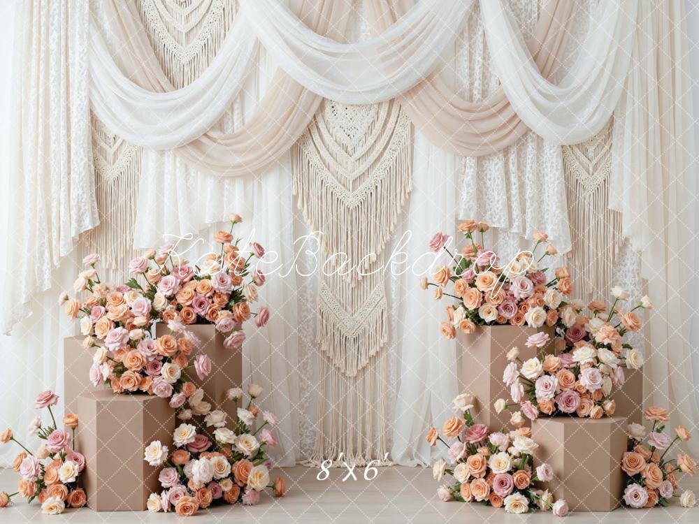Kate Mother's Day Boho Flower Arch Macrame Beige Drapes Backdrop Designed by Mini MakeBelieve