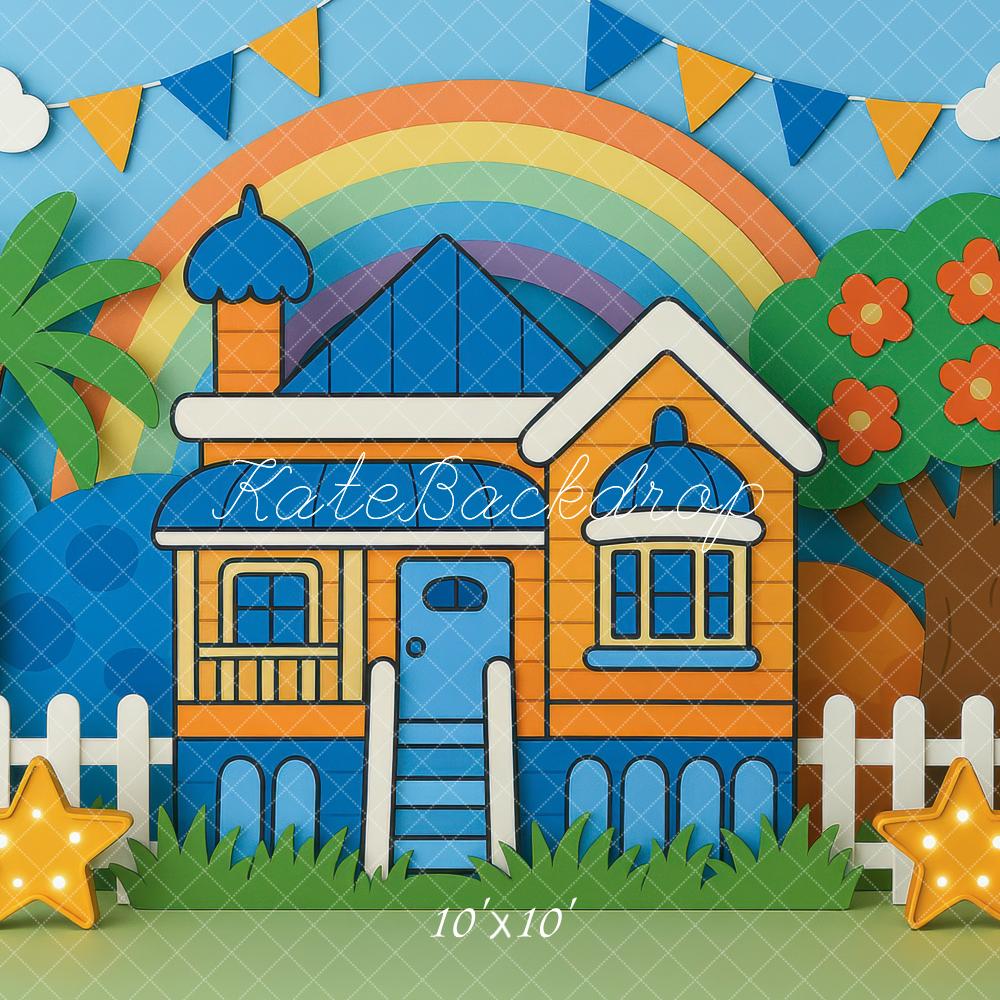 Kate Cake Smash Rainbow House Cartoon Fence Backdrop Designed by Mini MakeBelieve