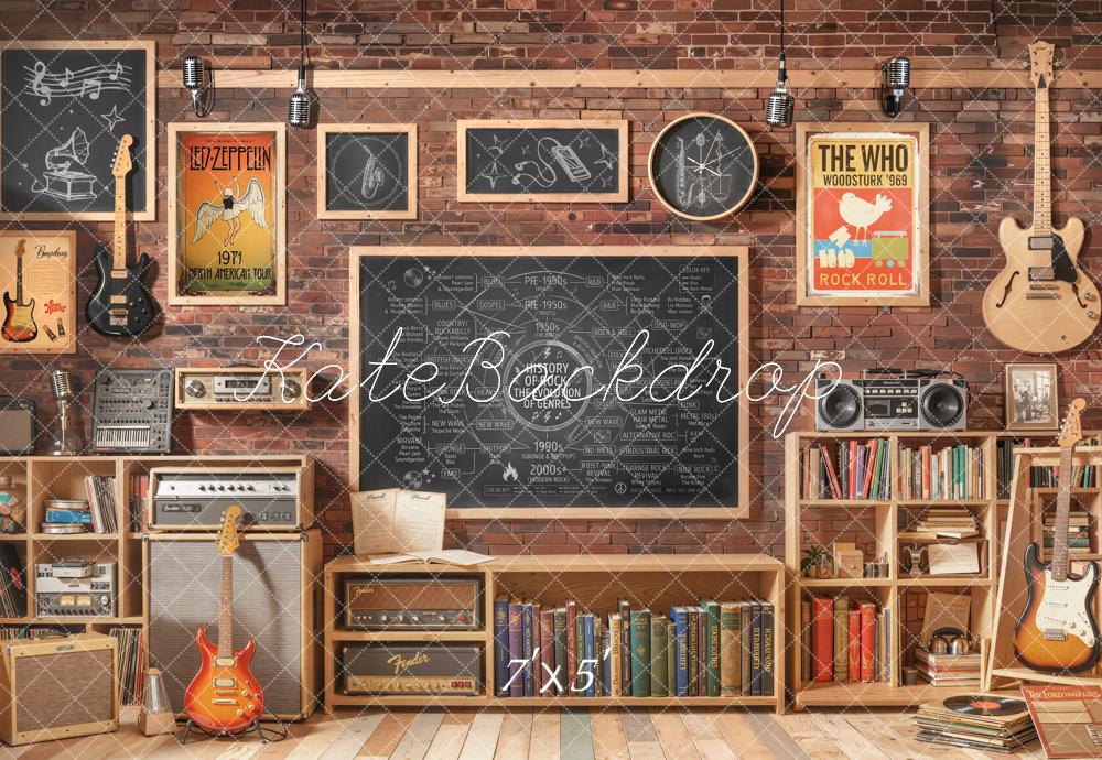 Kate Retro Music Classroom Brick Wall Guitars Printed Backdrop Designed by Emetselch