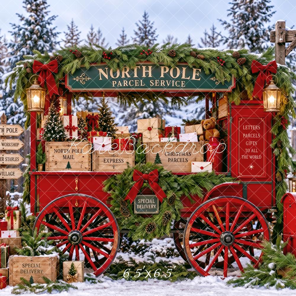 Kate Christmas North Pole Red Parcel Wagon Snowy Printed Backdrop Designed by Patty Roberts