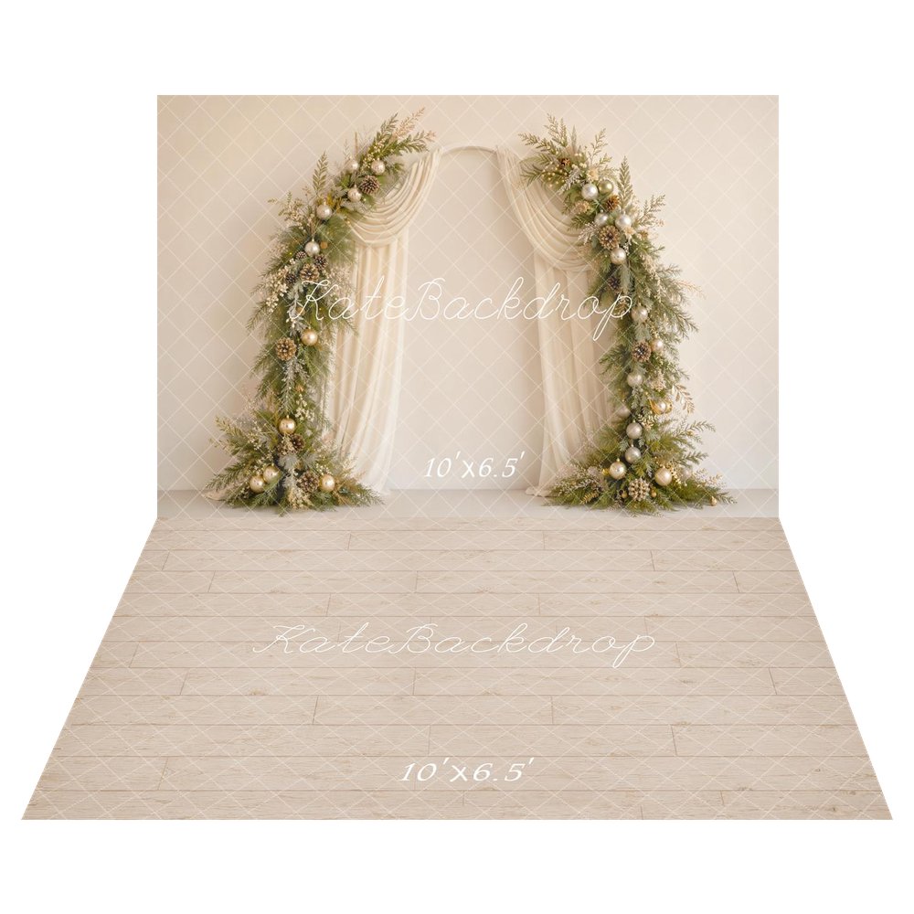 Kate Christmas Flower Arch Pinecones Ornaments Cream Drapes Printed Backdrop+Beige Wood Plank Floor Backdrop Printed Backdrop