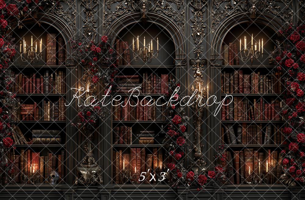 Kate Halloween Gothic Bookshelves Red Roses Candles Backdrop Designed by Ashley Paul