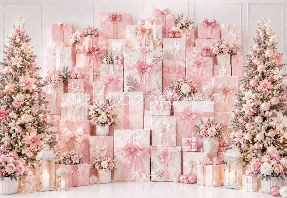 Kate Christmas Pink Gifts Wall Floral Trees Printed Backdrop Designed by Ashley Paul