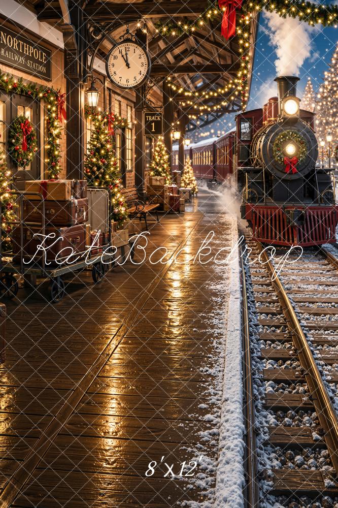 Kate Christmas Polar Train Railway Station Night Snowy Printed Backdrop Designed by Emetselch