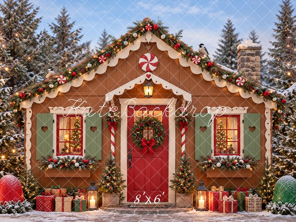 Kate Christmas Gingerbread Cottage Candy Cane Snowy Forest Printed Backdrop Designed by Vertigo Productions