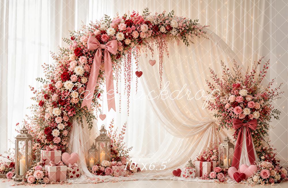 Kate Valentine's Day Circle Flower Arch Pink Roses Drapes Printed Backdrop Designed by Emetselch