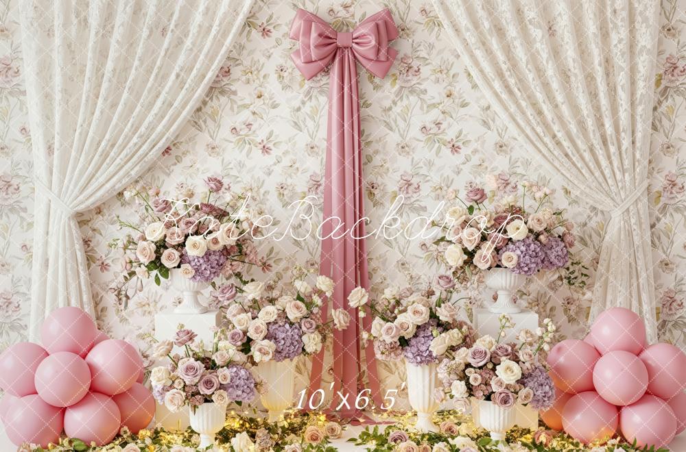 Kate Spring Mother's Day Floral Curtain Pink Bow Balloons Backdrop Designed by Patty Roberts