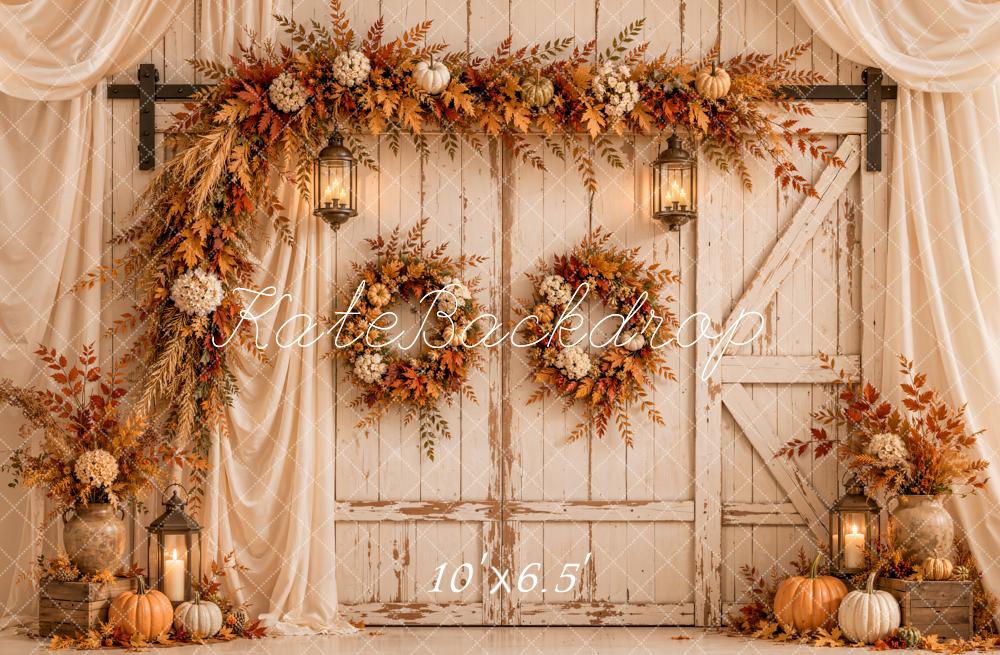 Kate Fall Floral Rustic Barn Door Pumpkins White Drapes Printed Backdrop Designed by Emetselch