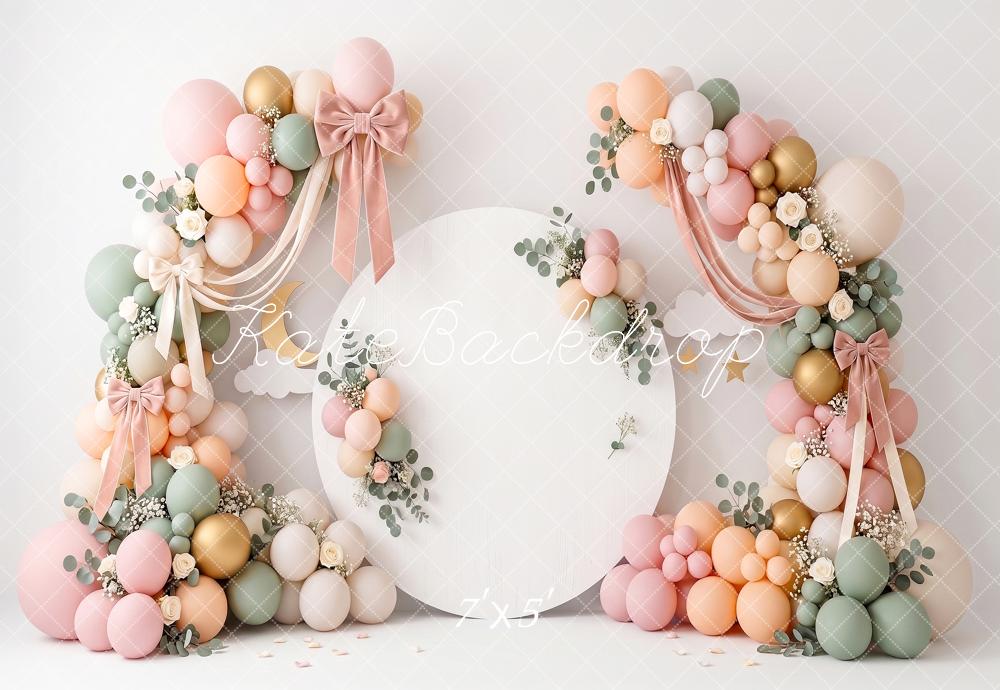 Kate Birthday Pastel Balloon Flower Arch Bow Printed Backdrop Printed Backdrop Designed by Angela Miller