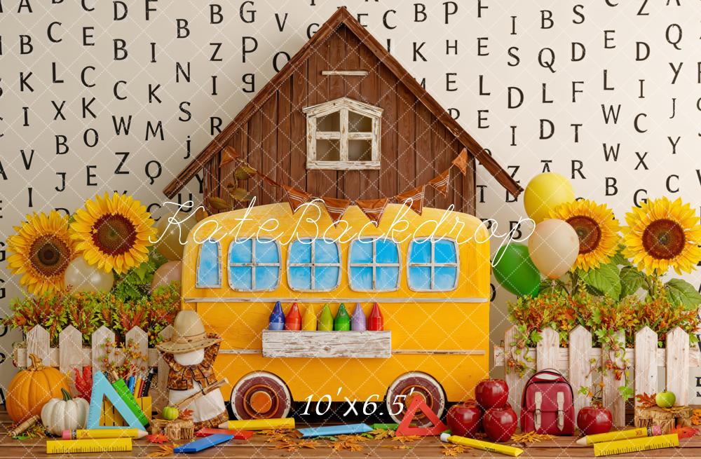 Kate Back to School Yellow Bus Sunflowers Alphabet Barn Backdrop Designed by Emetselch