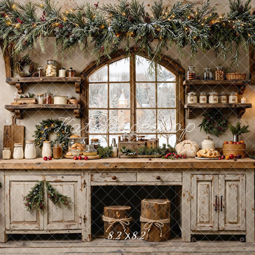 Kate Christmas Kitchen Rustic Window Garland Pine Trees Backdrop Designed by Emetselch