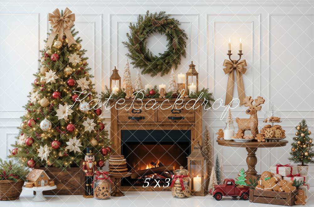 Kate Christmas Tree Wood Fireplace Wreath Gingerbread Cookies Printed Backdrop Designed by Mini MakeBelieve