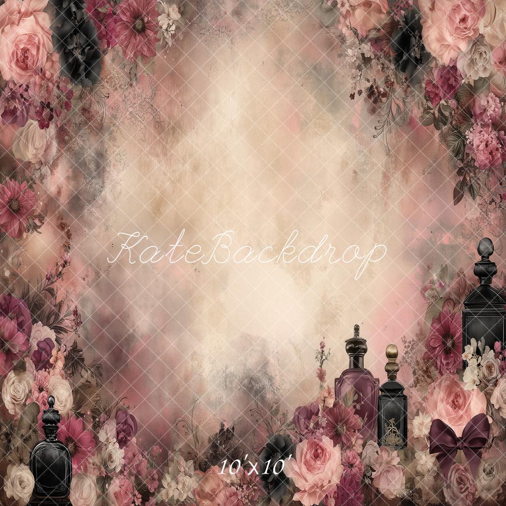 Kate Gothic Pink Floral Perfume Bottles Printed Backdrop Designed by Angela Miller