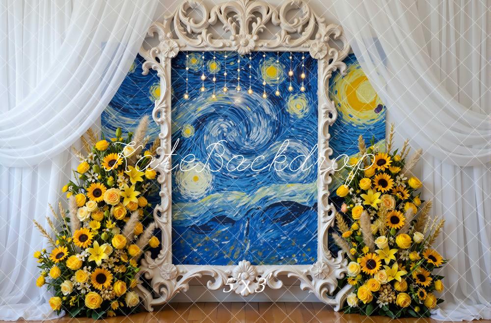 Kate Blue Night Sky Ornate Frame Sunflower Floral Arrangement Backdrop Designed by Mini MakeBelieve