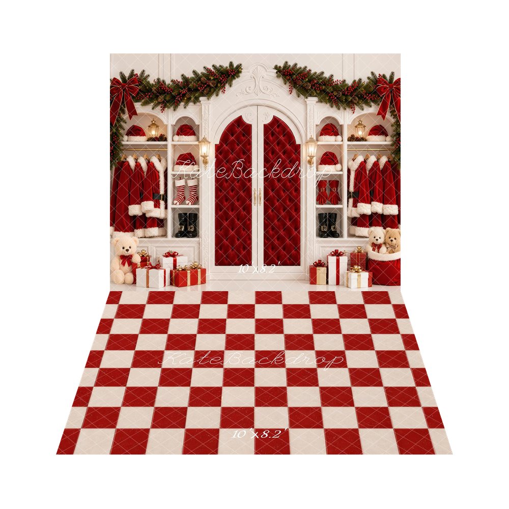 Kate Christmas Red Santa Claus Closet Arch Printed Backdrop+Red White Checkerboard Floor Printed Backdrop
