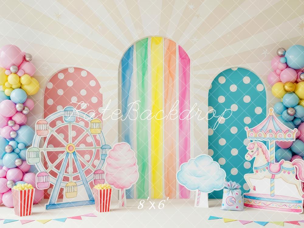 Kate Cake Smash Carnival Ferris Wheel Carousel Rainbow Balloons Printed Backdrop Designed by Patty Roberts