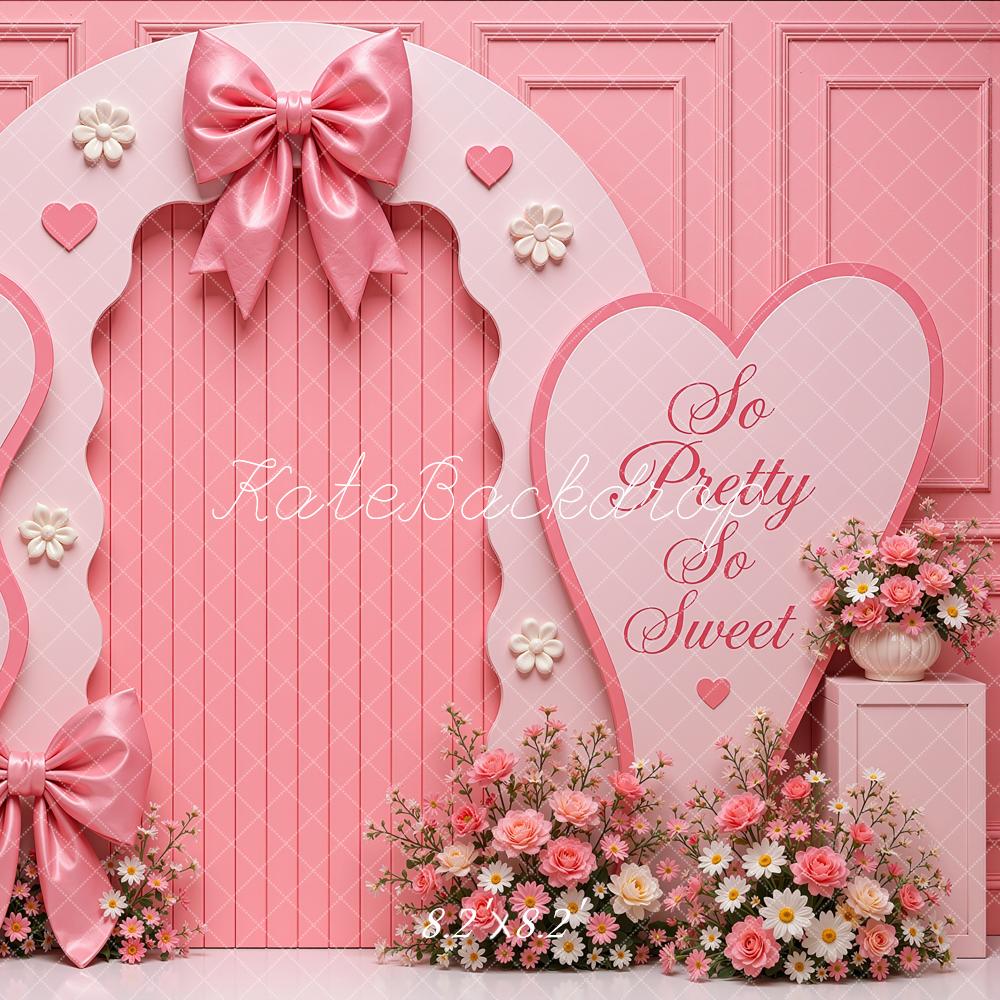 Kate Birthday Girls Pink Princess Bow Floral Arch Heart Printed Backdrop Designed by Shutter Swan Studios