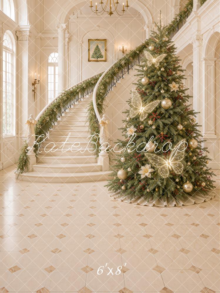 Kate Christmas Tree Cascading Stairs Butterfly Lights Elegant Printed Backdrop Designed by Emetselch
