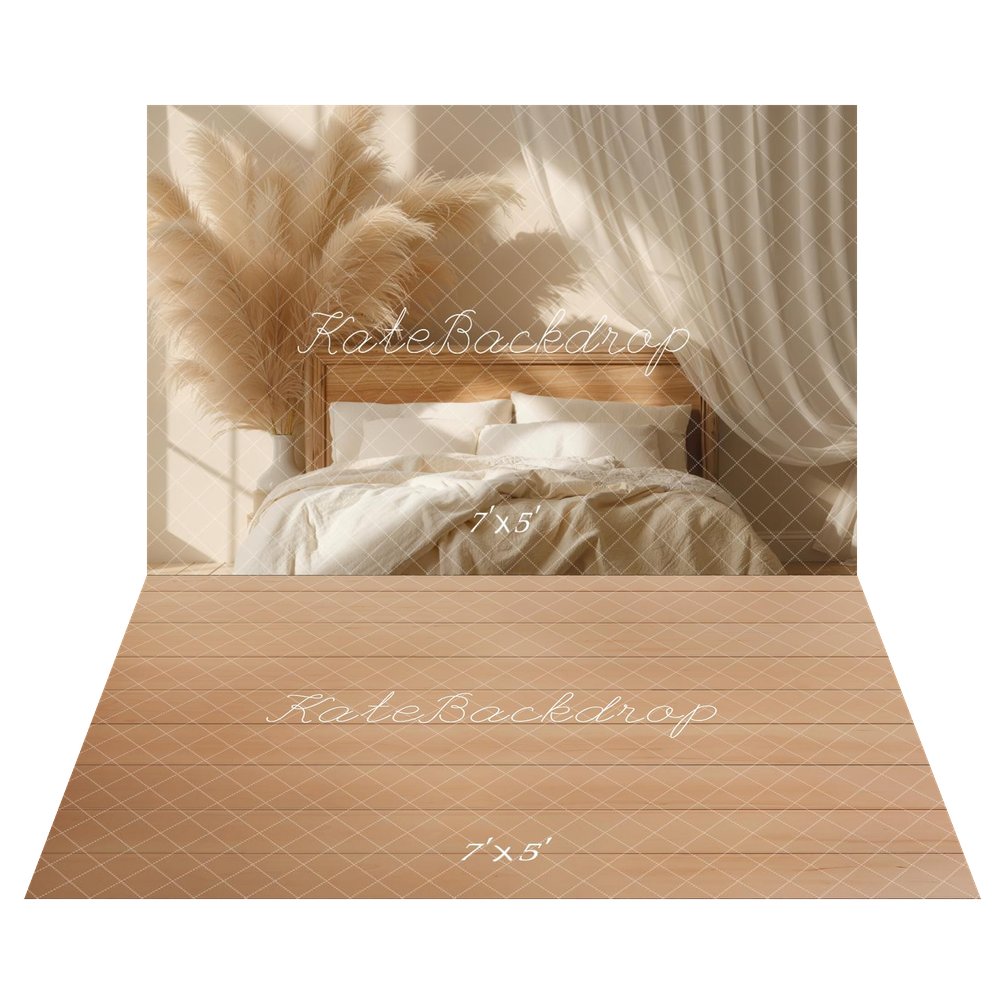 Kate Boho Headboard Pampas Grass Curtain Neutral Backdrop+Light Wood Plank Wall Backdrop