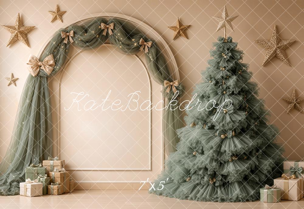 Kate Christmas Green Tulle Tree Arch Drapes Stars Gifts Printed Backdrop Designed by Shutter Swan Studios