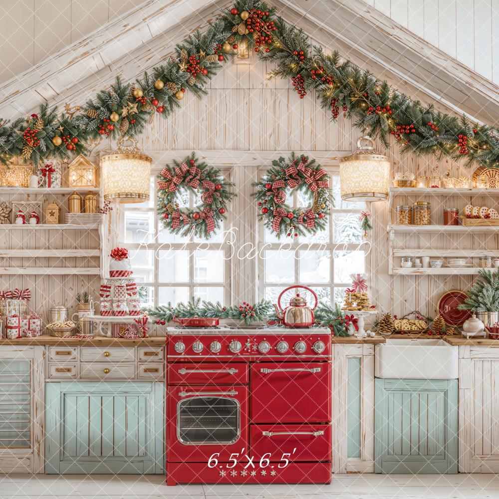 Kate Christmas Kitchen Cabinets Garland Wreath Red Stove Backdrop Designed by Emetselch