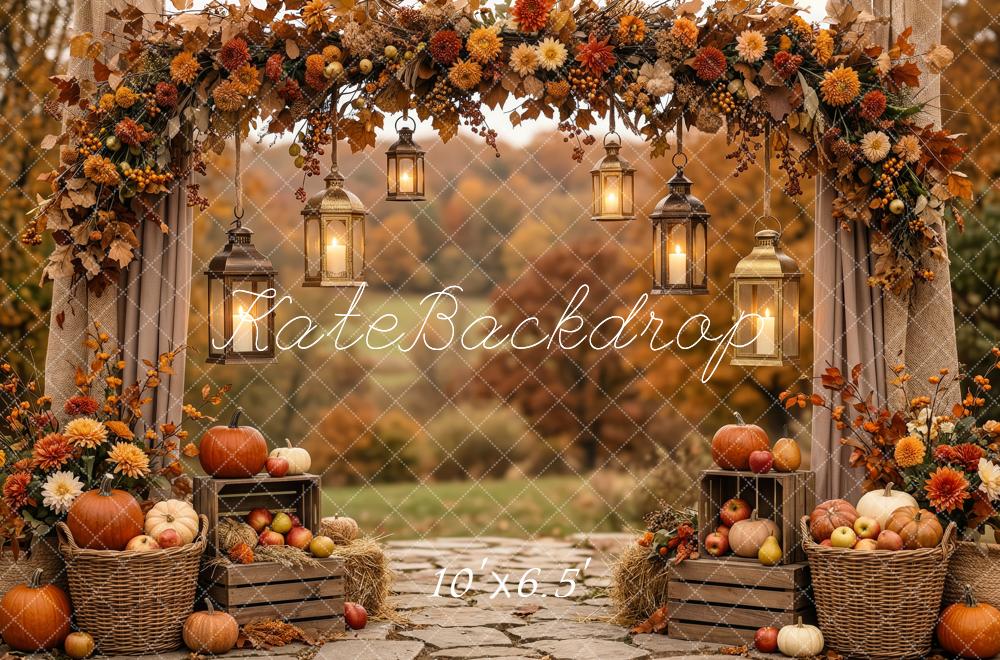 Kate Fall Flower Arch Pumpkins Lanterns Printed Backdrop Designed by Patty Roberts