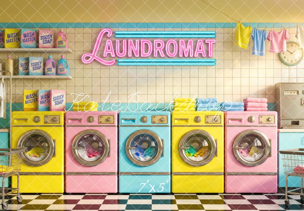 Kate Retro Pastel Laundromat Washing Machines Printed Backdrop Designed by Patty Roberts