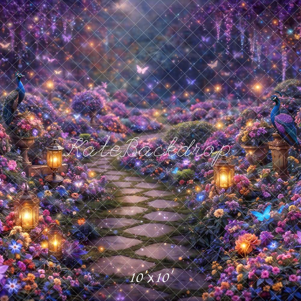 Kate Fairy Fantasy Purple Garden Path with Lanterns and Peacocks Printed Backdrop Designed by Mini MakeBelieve