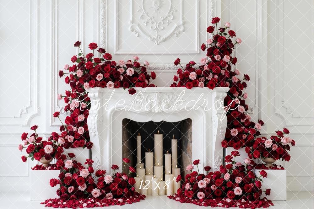 Kate Valentine's Day Red Pink Roses Fireplace Candles Backdrop Designed by Mini MakeBelieve