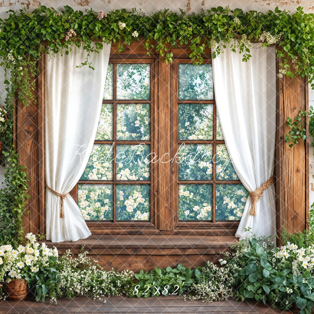 Kate Spring Rustic Wood Window White Brick Greenery Flowers Backdrop Designed by Emetselch