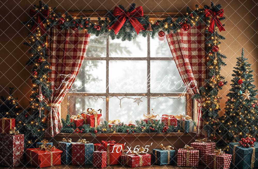 Cortinas de fondo del árbol de ventana de regalo de Navidad rojo a cuadros diseñadas por Emetselch