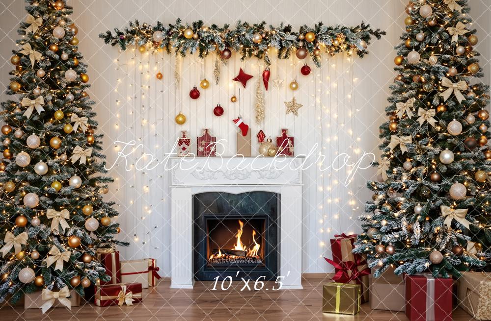 Kate Christmas Fireplace Garland Christmas Trees String Lights Printed Backdrop Designed by Fantasyphotoart