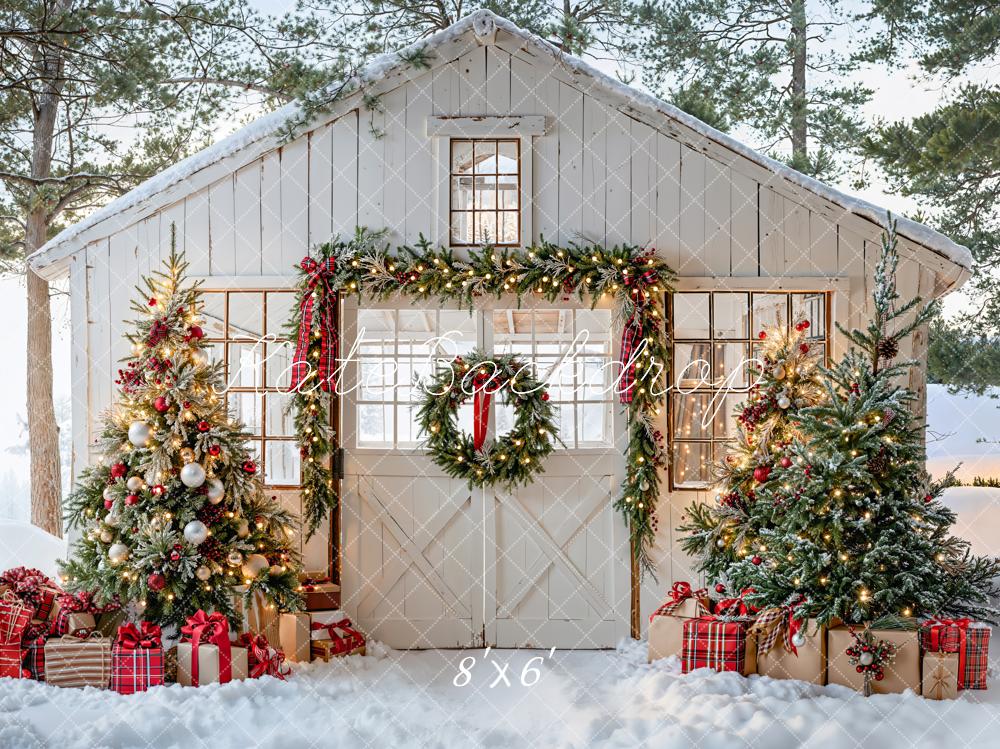 Kate Christmas White Door Snowy House Trees Garland Gifts Backdrop Designed by Emetselch