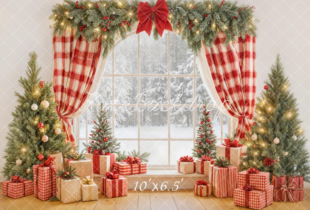 Kate Christmas Red Plaid Curtains Window Pine Trees Gift Boxes Backdrop Designed by Emetselch